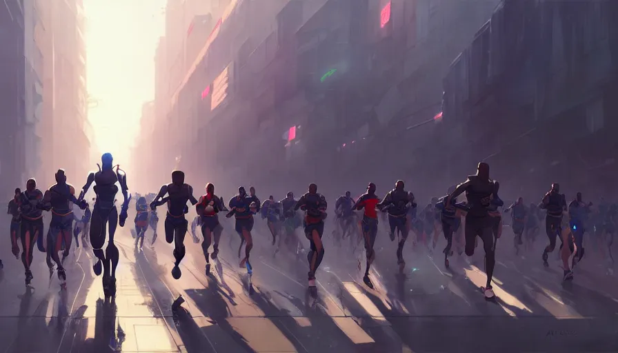 Image similar to marathon with running robots and people, artgerm greg rutkowski makoto shinkai, artstation