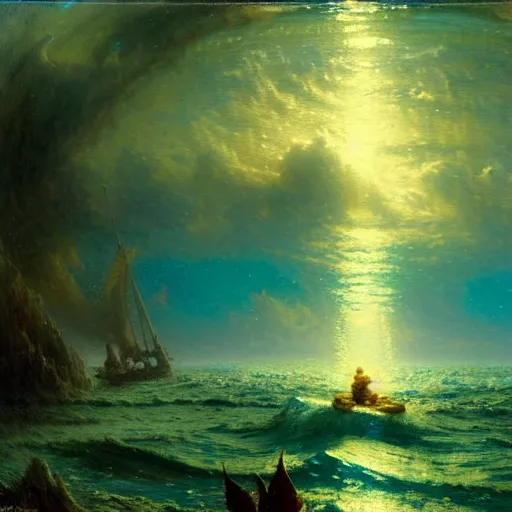 Image similar to point of view of deep in the ocean looking up, you see fishes, the milk way, night time, midnight, no sunlight. highly detailed painting by gaston bussiere, greg rutkowski 8 k