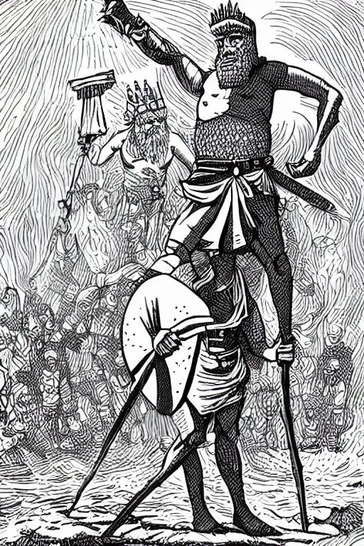 Image similar to ancient historically accurate depiction of the Bible Character Goliath of Gath, the Philistine warrior giant by mcbess