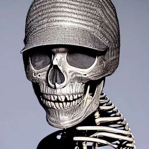 Prompt: A masterpiece portrait of a male skeleton made entirely of stainless steel, wearing a baseball cap, cinematic lighting, Michael Whelan