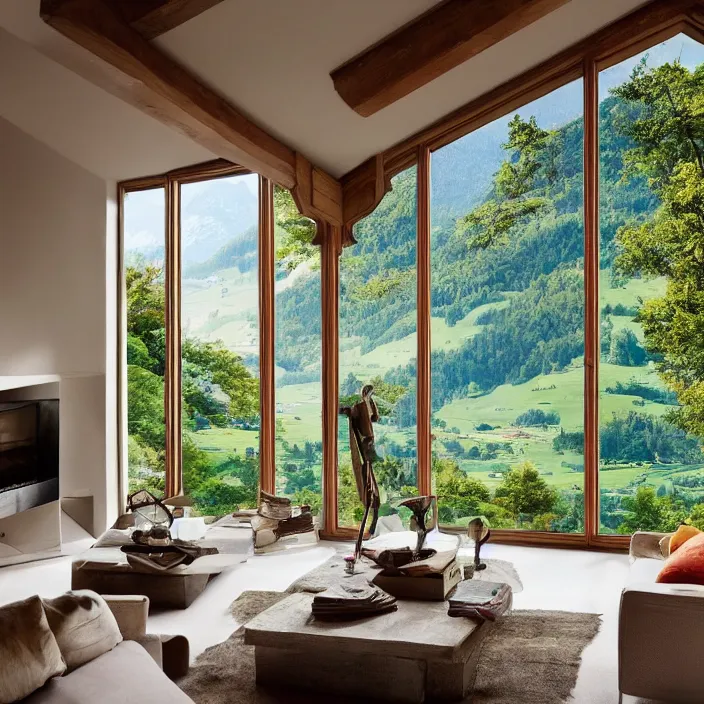 Image similar to fantastical living room with switzerland landscape in the window