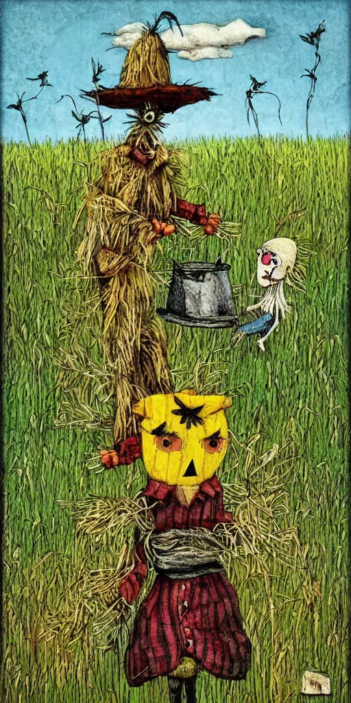 Prompt: a scarecrow and corn scene by alexander jansson