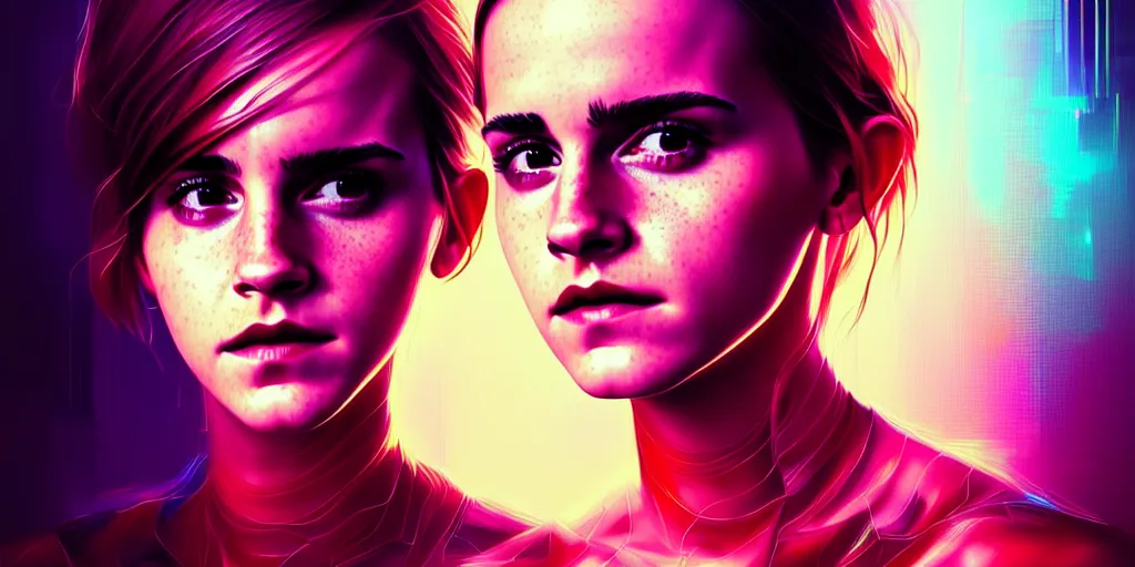 Image similar to hyperrealistic portrait of Emma Watson, full body portrait, well lit, intricate abstract. cyberpunk, intricate artwork, by Tooth Wu, wlop, beeple, in the style of Jin Kagetsu, James Jean and wlop, highly detailed, sharp focus, intricate concept art, digital painting, ambient lighting