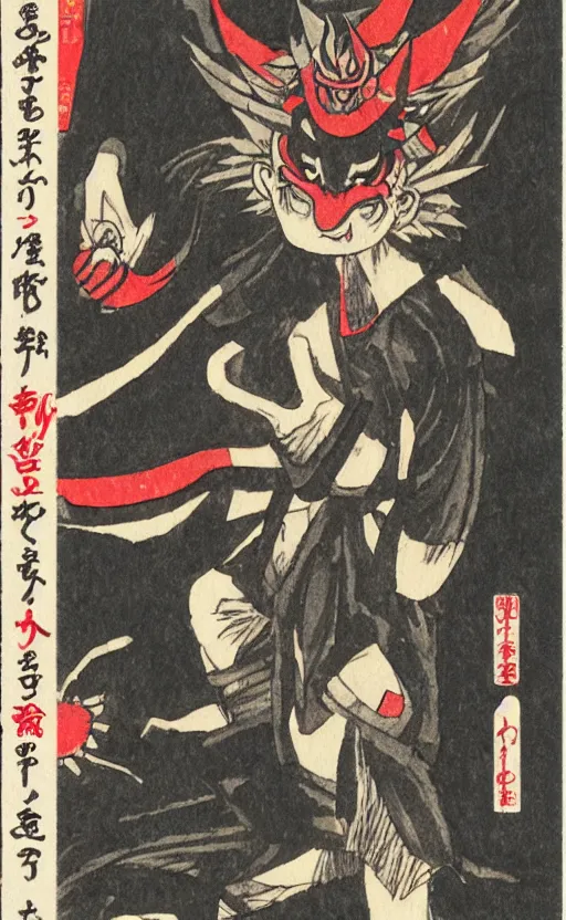 Image similar to by akio watanabe, manga art, a tengu demon walk quickly, abandoned japaense village, trading card front