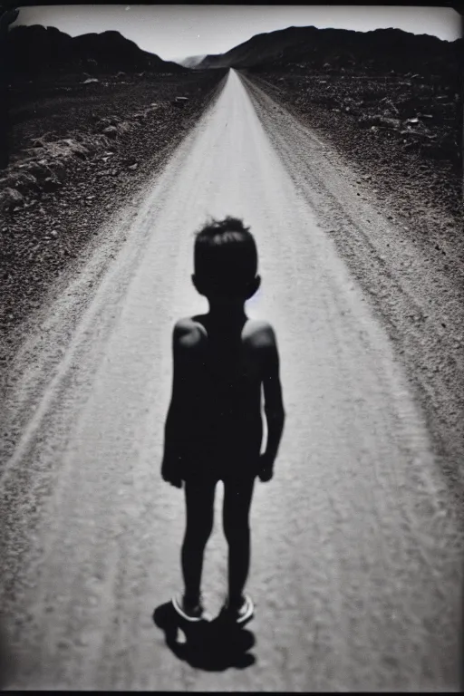 Image similar to photo polaroid of a sad and lonely child in the middle of a road of dry mud, drought, loneliness, black and white ,photorealistic, 35mm film,