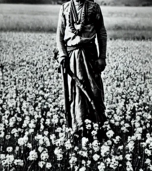 Image similar to mystical hindu god standing in tall meadow of flowers, distant, ww1 film photo, grainy, high detail, high resolution