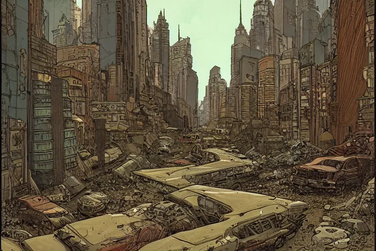 Image similar to a post apocalyptic city street by Moebius