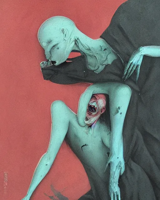 Image similar to Two dark figures dancing in the cold decayed factor in the style of Francis Bacon, Esao Andrews, Zdzisław Beksiński, Edward Hopper, painted by James Gilleard, surrealism, airbrush, very coherent, triadic color scheme, art by Takato Yamamoto and James Jean