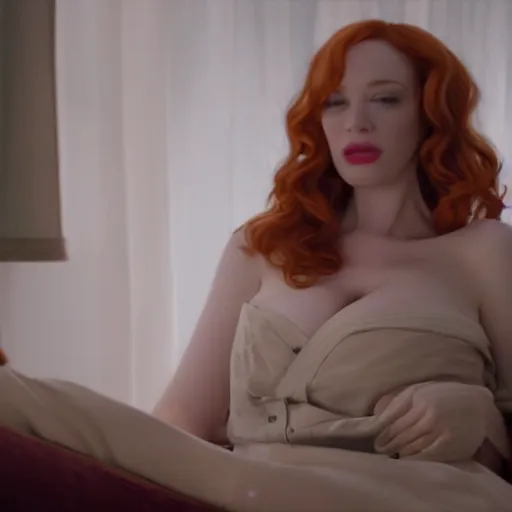 Image similar to amazing beautiful Christina Hendricks with mouth wide open in the living room, film still from the movie directed by Denis Villeneuve , wide lens