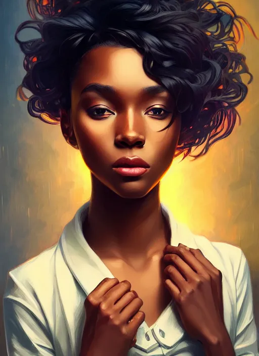 Image similar to handsome black women with shoulder length brown hair, half body shot, path traced, highly detailed, high quality, digital painting, alena aenami, lilia alvarado, shinji aramaki, karol bak, alphonse mucha, tom bagshaw