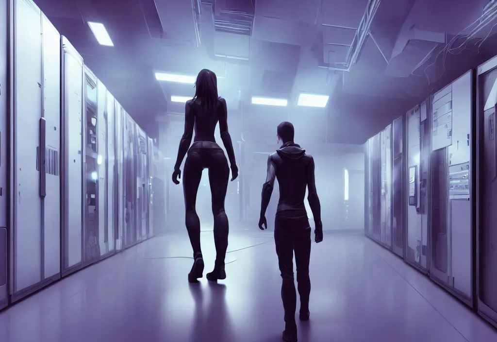 Image similar to by rupert sanders android walking in server room in datacenter, shot by cyberpunk syle, character design, proportional body, whole body, whole figure, very realistic cinematic concept art, complementary color, realistic detailed, sharp lines, trending on artstation, volumetric lighting, octane render