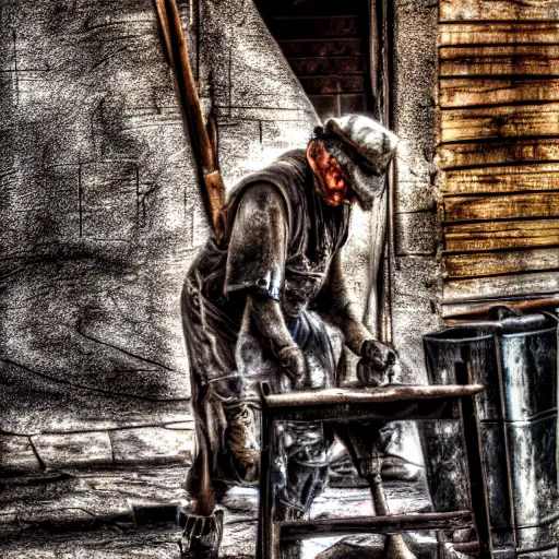 Image similar to a old grumpy blacksmith hammering away on burned metal, realistic, hdr, clear image, hdd, medival,