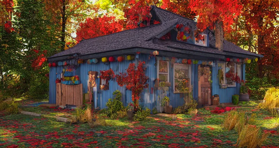 Image similar to colorful cottage in the middle of the woods, windy autumn day, peaceful environment, adventurous architecture, wooden fence, 3d render, unreal engine, trending on artstation, cgnation, by senior 3D artist