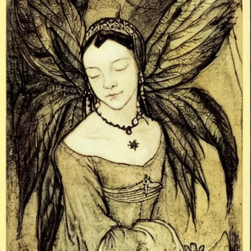 Image similar to Anne Boleyn growing bird wings and a beak, she is sad, style of Arthur Rackham