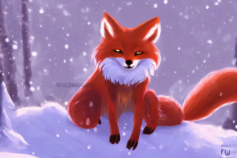 Image similar to an anthropomorphic fox with a fluffy tail wearing a scarf playing in the snow, backlighting, trending on pixiv, digital art, furry art, trending on furaffinity