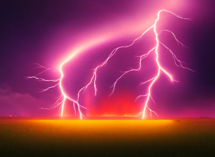 Image similar to lightning strikes a house in a field, epic red - orange aurora, perfect lightning, illustration by niko delort, 4 k, ultra realistic