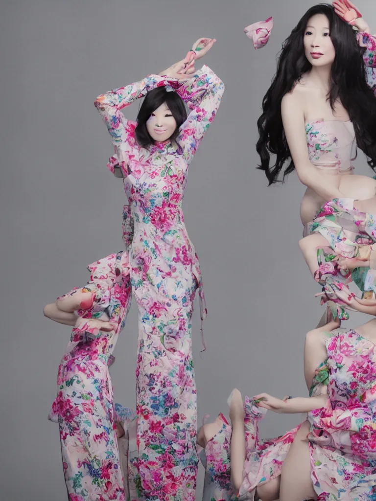 Prompt: Chinese photo shoot where the dress is a shampoo bottle