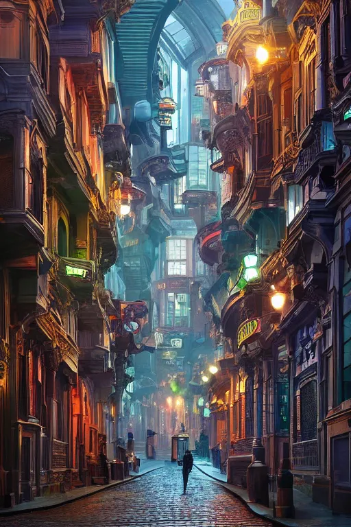 Prompt: a futuristic victorian city street, national geographic cover, award winning, 4 k, smooth, bright, light, colorful, victorian, futuristic,