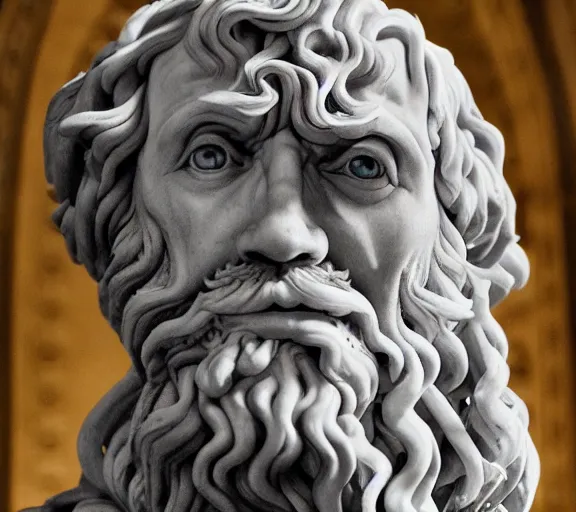 Prompt: a hyper-detailed marble status of Poseidon by Michelangelo; anatomically correct; an extraordinary masterpiece!!!; proud posture; photorealistic eyes; trending on artstation; f/1.4; 90mm