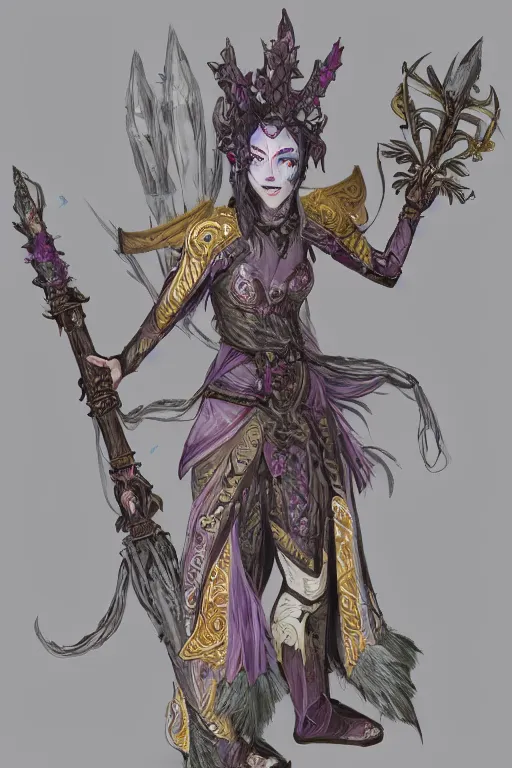 Prompt: female changeling in floral - patterned light armor, wielding a decorated pole weapon halberd, barefoot in sandals, wearing noh theatre mask, capricious, energetic, provocative, realistic proportions, reasonable fantasy, in the style of dnd illustrations, tabletop rpg.