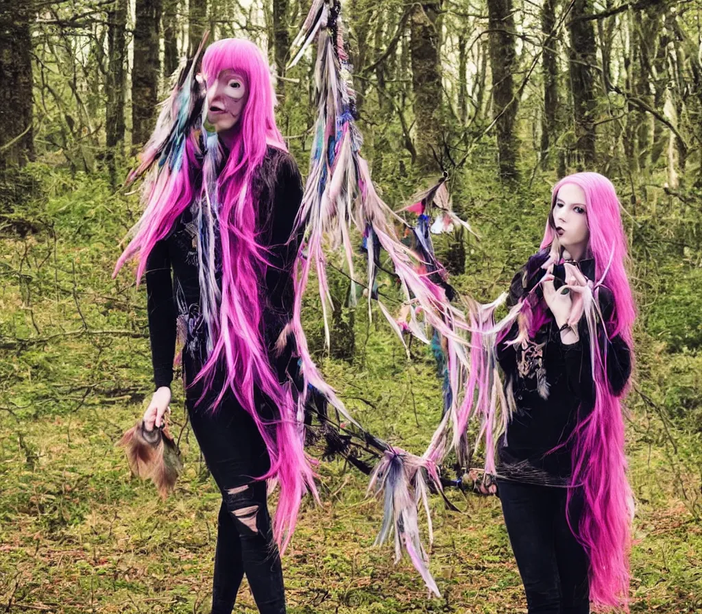 Prompt: realistic photo of a witch - like girl in a black cloack in jeans and with pastel pink hair and hazel eyes standing in woods full of sun beams holding a dreamcatcher and a tarot cards deck in a dreamy style, magical middleground with unicorns and a contemporary cityscape far on the background