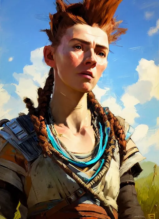 Image similar to portrait of a eastern european Aloy from Horizon Zero Dawn in the style of Apex Legends practicing, countryside, calm, fantasy character portrait, dynamic pose, above view, sunny day, clouds in the sky, artwork by Jeremy Lipkin and Giuseppe Dangelico Pino and Michael Garmash and Rob Rey and Greg Manchess, very coherent asymmetrical artwork, sharp edges, perfect face, simple form, 100mm