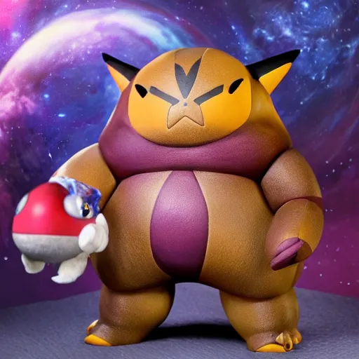 Image similar to galaxy type pokem on hyperrealistic, produced by guillermo deltoro, holding a spear