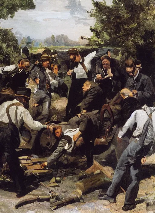 Image similar to artwork painting of the members of the mafia dumping a body by eugene von guerard, ivan shishkin, john singer sargent