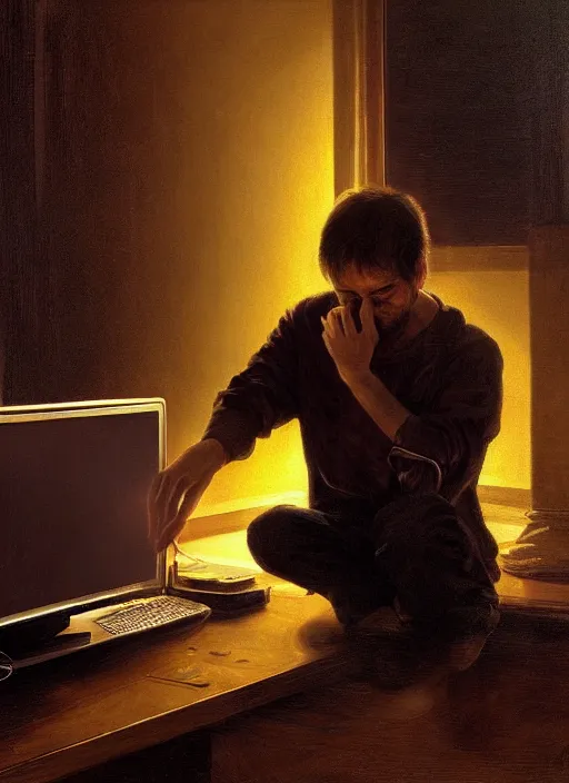 Image similar to insanely detailed chiaroscuro image of a exhausted - looking stalky casually - dressed programmer guy on his knees facing his glowing ultrawide computer monitor monitor begging it for forgiveness, oil on canvas, masterwork, fine detail, trending on artstation, emotive, insanely compelling, ryden, koons, moebius