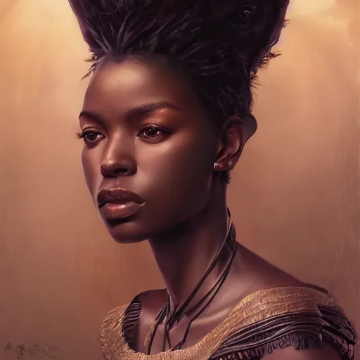 Image similar to studio portrait of a black queen with a beautiful eyes, ultra realistic, concept art, intricate details, eerie, horror, highly detailed, photorealistic, octane render, 8 k, unreal engine. art by artgerm and greg rutkowski and alphonse mucha