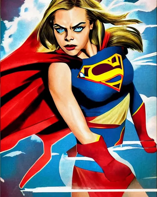 Image similar to high quality presentation digital print of a cara delevigne as supergirl, soviet poster art style black red white, head and shoulders