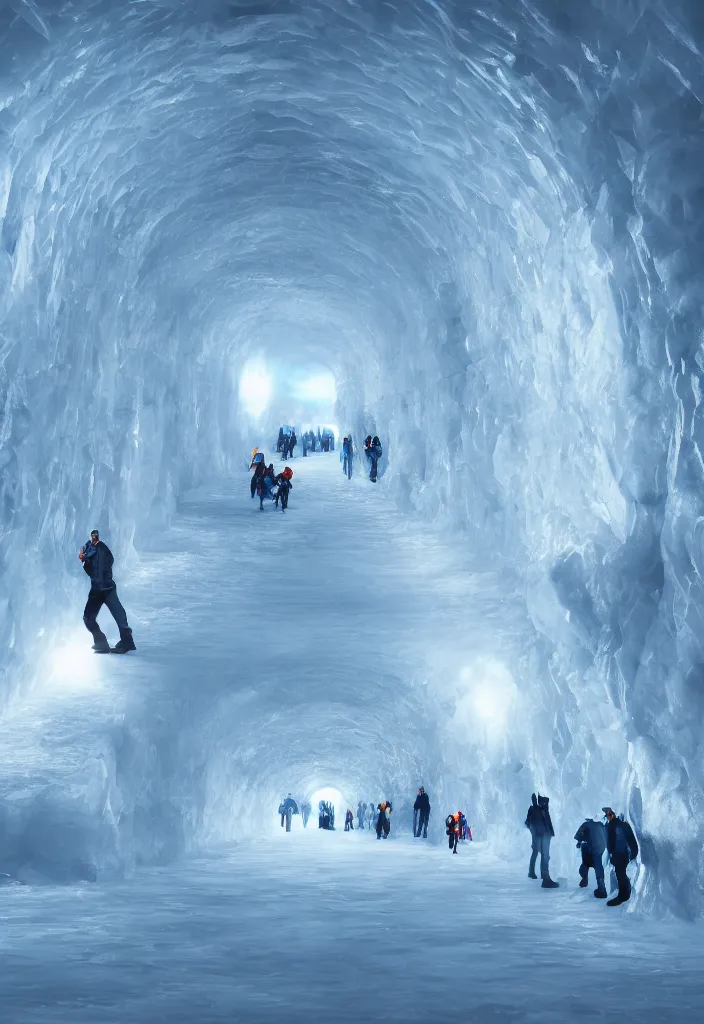 Image similar to Multiple connecting ice tunnels in antartica, multiple people moving around the tunnels, facinating and imposing, fantasy digital art, octane render, beautiful composition, trending on artstation, award-winning photograph, masterpiece