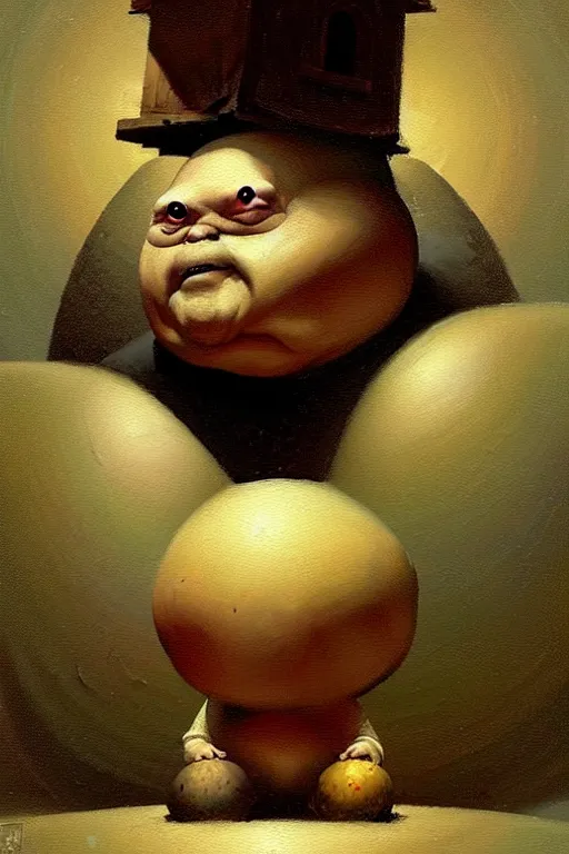 Prompt: hieronymus bosch greg rutkowski, oil painting of humpty dumpty, tweedle dum