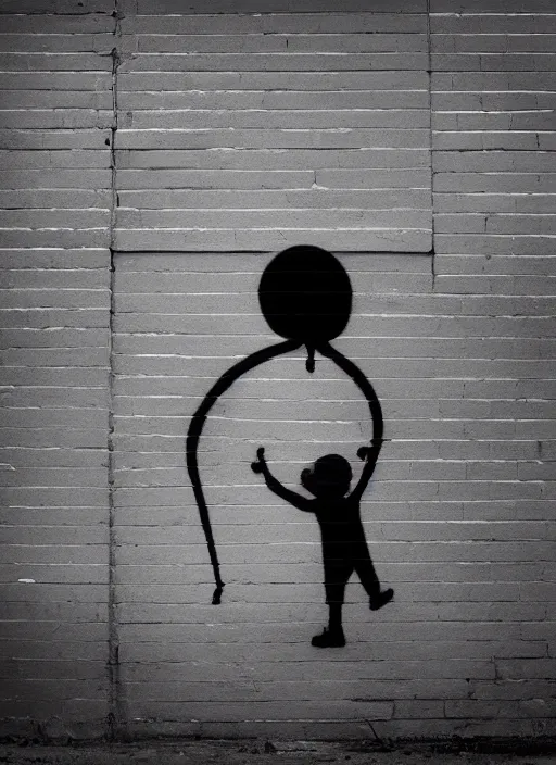 Prompt: A black and white graffiti of boy holding a single graffiti dark blue balloon on a concrete background in the style of Banksy, graffiti, digital art