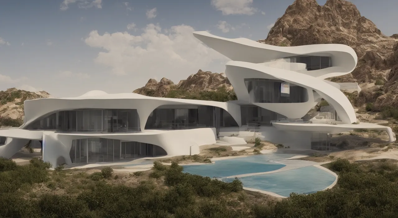 Prompt: a modern house design sitting in the middle of the desert, unreal engine, zaha hadid, tom wright, ludwig mies van der rohe architectural designs, strong colors, octane render, 4 k