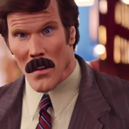 Image similar to Live Action Still of Jerma985 in Anchorman: The Legend of Ron Burgundy, real life, hyperrealistic, ultra realistic, realistic, highly detailed, epic, HD quality, 8k resolution, body and headshot, film still