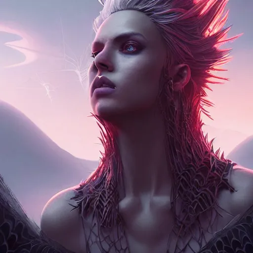 Image similar to sorceress with spider legs and spiky hair, volcano, ultra realistic, concept art, intricate details, eerie, highly detailed, photorealistic, octane render, 8k, unreal engine. art by Artgerm and Greg Rutkowski