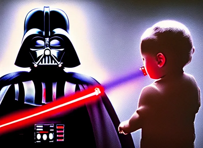 Prompt: hyperrealistic mixed media fine art painting of darth vader with red lightsaber drawn facing off against a cute baby, stunning 3d render inspired art by P. Craig Russell and Barry Windsor-Smith + perfect facial symmetry + dim volumetric lighting, 8k octane beautifully detailed render, post-processing, extremely hyperdetailed, epic composition, grim yet sparkling atmosphere, cinematic lighting + masterpiece, trending on artstation