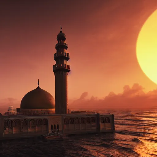 Image similar to an old mosque with huge dome and tall minarets, a sunset and a huge clouds in the background, heavy sea in front, on style of aivazovsky, 4k, epic lights, sun beams, ultra details, hyper realistic, octane render, unreal engine, unbelievable graphics, 8k,