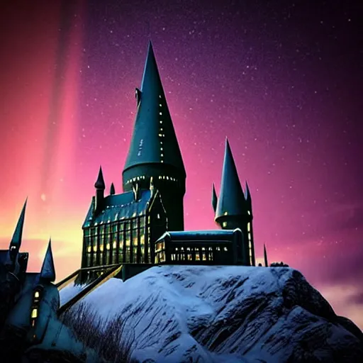 Image similar to “Hogwarts School of Witchcraft and Wizardry with the norther lights in the background. 4k, 8k, unreal 5, very detailed, hyper control-realism,.”