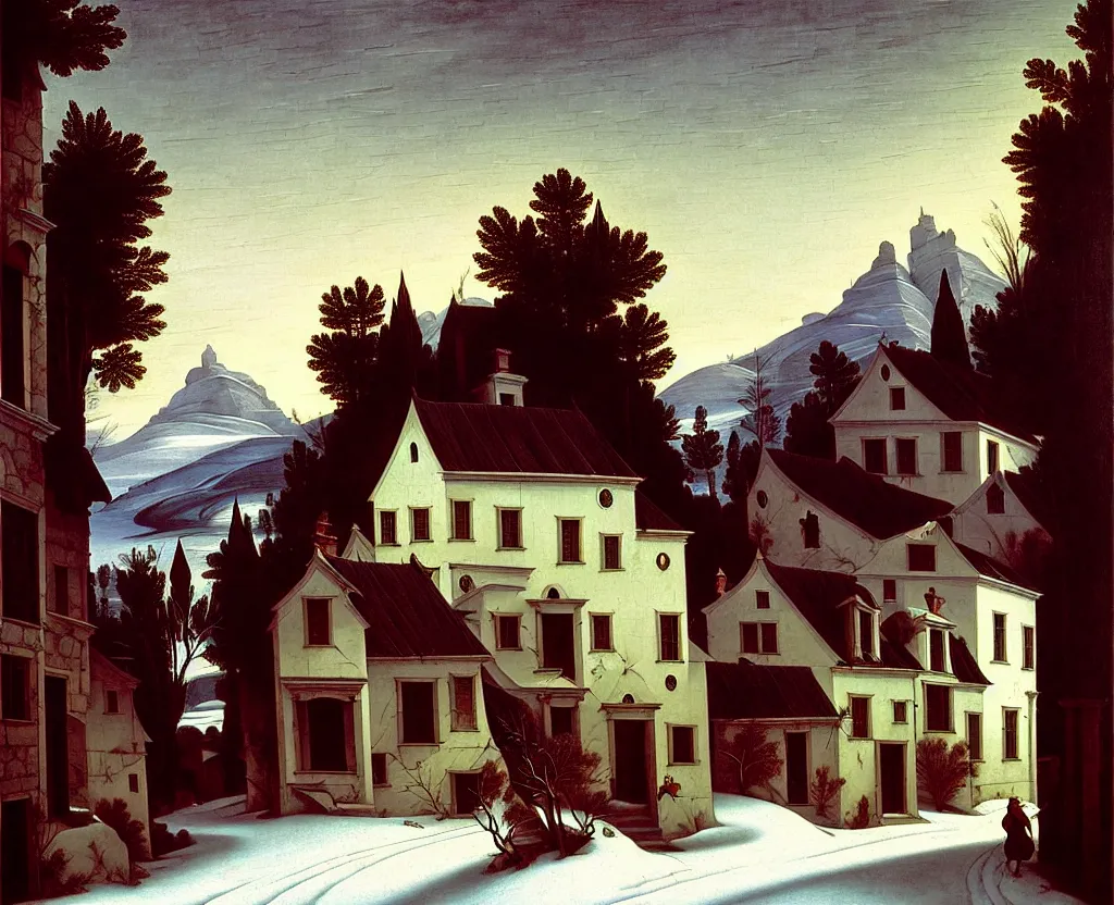 Image similar to in the style of gerald brom, caravaggio, asher brown durand, beautiful small town, houses and buildings, 1 8 0 0 s, cobblestone roads, mid day, winter, mountains in the distance