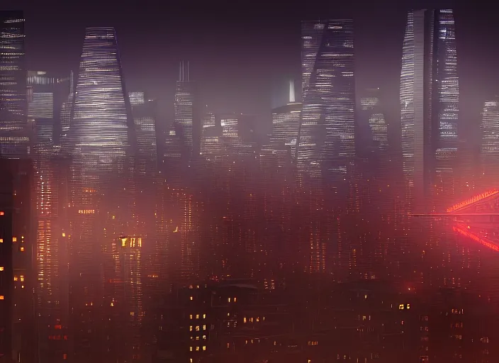 Image similar to cyberpunk scifi scene of san francisco skyline at night, artstation, matt painting, very detailed, maximalism, ambient occlusion, volumetric light, atmospheric haze, unreal engine, hyper realism, realistic shading, cinematic composition, realistic render, octane render, detailed textures, photorealistic, wide shot