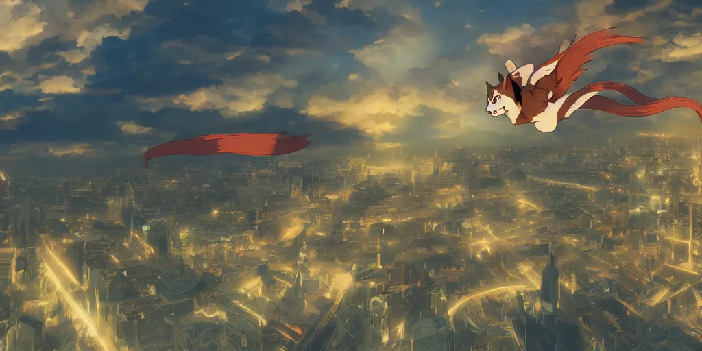 Prompt: a beautiful scene of a cat flying through the air over a sprawling city, concept art, studio ghibli, style of makoto shinkai and alphonse mucha, 4 k wallpaper