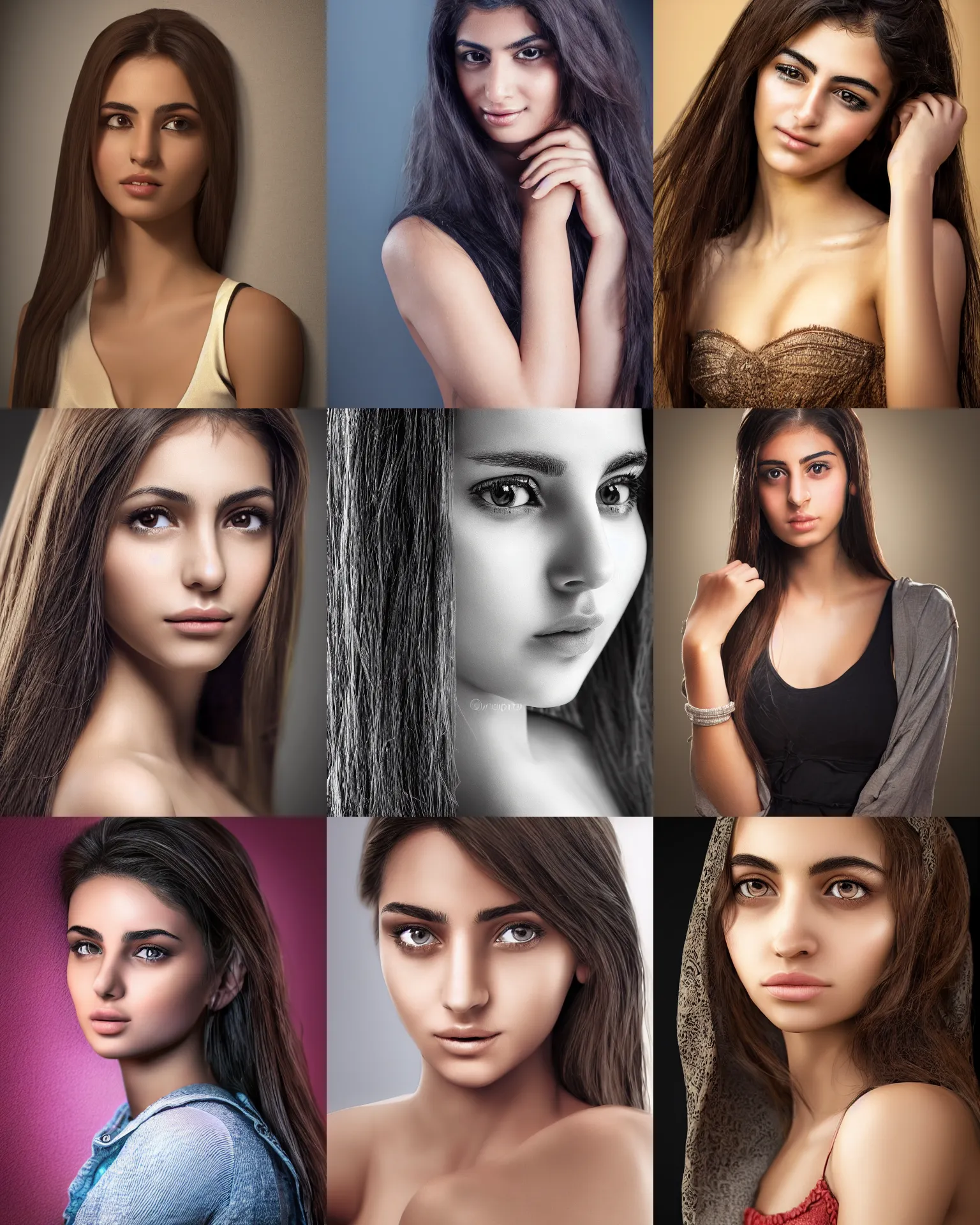 Image similar to very detailed, photorealistic digital art of a beautiful young middle eastern girl, from the waist up, with sharp features, a beautiful face, soft smile, under studio lighting, taken with a canon eos camera with 1 3 5 mm focal length