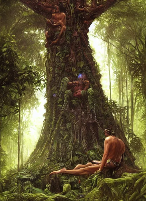 Prompt: a shaman sitting in the jungle, with giant face of an ancestor in a tree behind him, hyper detailed, art by christophe vacher