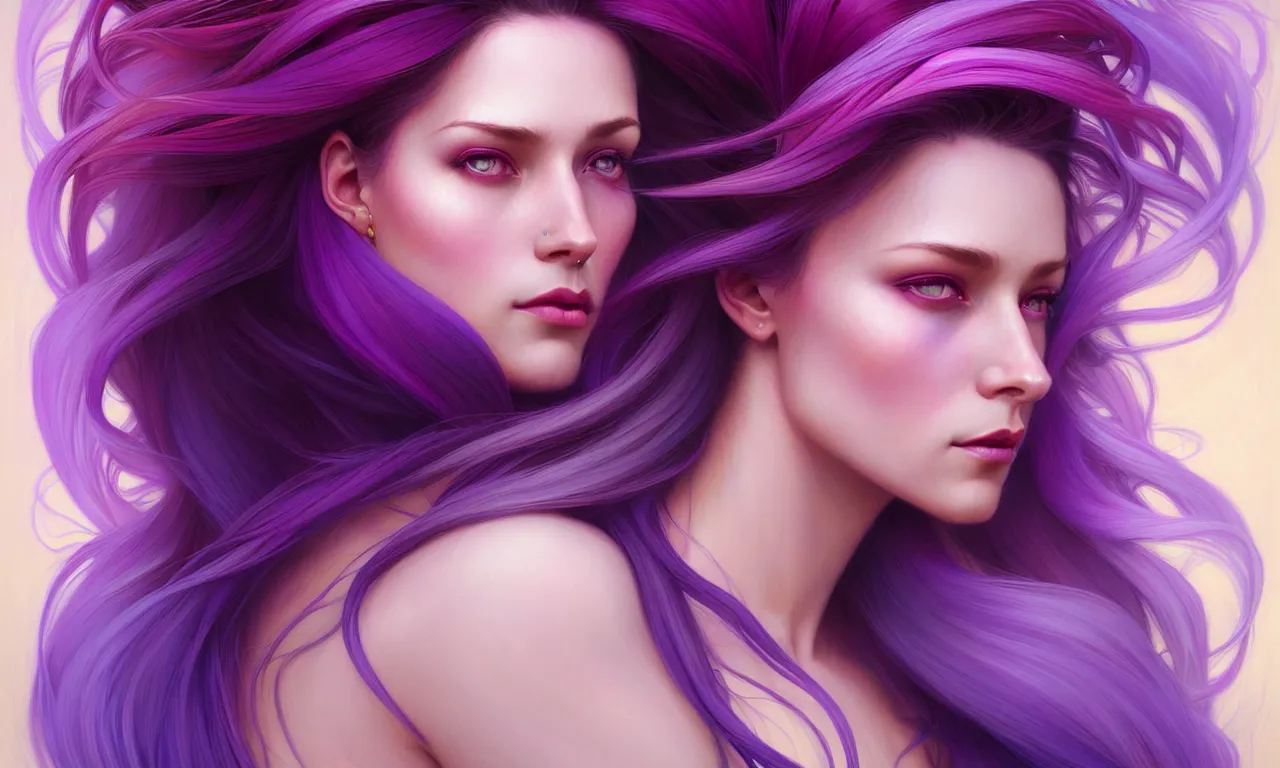 Image similar to Portrait of a woman with bright colored flying hair, all shades of purple. Hair coloring, amber eyes, face, long hair, fantasy, intricate, elegant, highly detailed, digital painting, artstation, concept art, smooth, sharp focus, illustration, art by artgerm and greg rutkowski and alphonse mucha