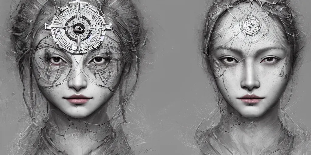 Prompt: hyperrealistic photography of a highly detailed and symmetrical gorgeous nordic female constructing a compass in the style of jin kagetsu, james jean and wlop, highly detailed, face symmetry, highly realistic hands, masterpiece, award - winning, sharp focus, intricate concept art, ambient lighting, 8 k, artstation