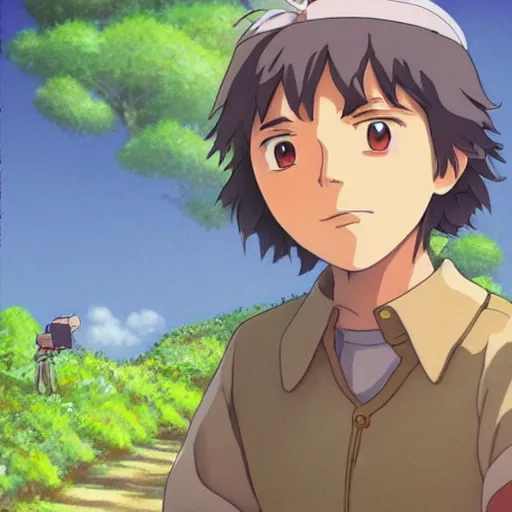 Prompt: friendly guy and small creature , with Fragile looking character portrait face in Ghibli artstyle highly detailed art, beautiful scene, sharp focus, smooth, 8k, anime art