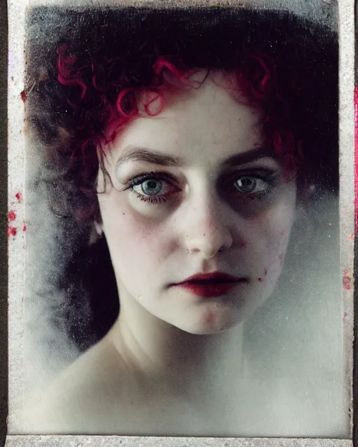 Prompt: an instant photo of a beautiful but sinister girl in layers of fear, with haunted eyes and curly hair, 1 9 7 0 s, seventies, delicate embellishments, a little blood, crimson, painterly, offset printing technique, mary jane ansell