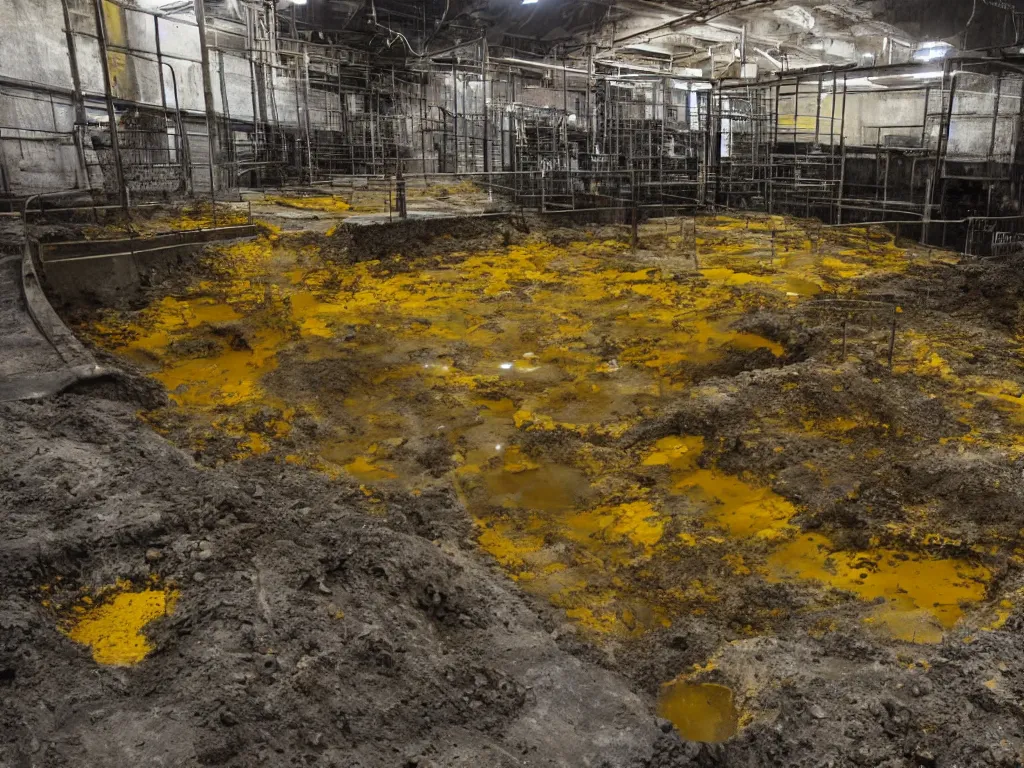 Prompt: photo of an underground waste facility, dark gloomy lighting, catwalks, yellow pools of sludge, rust